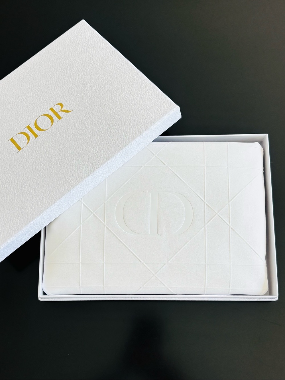 White Dior Embossed CD Gold Zipper Clutch Cosmetic Pouch